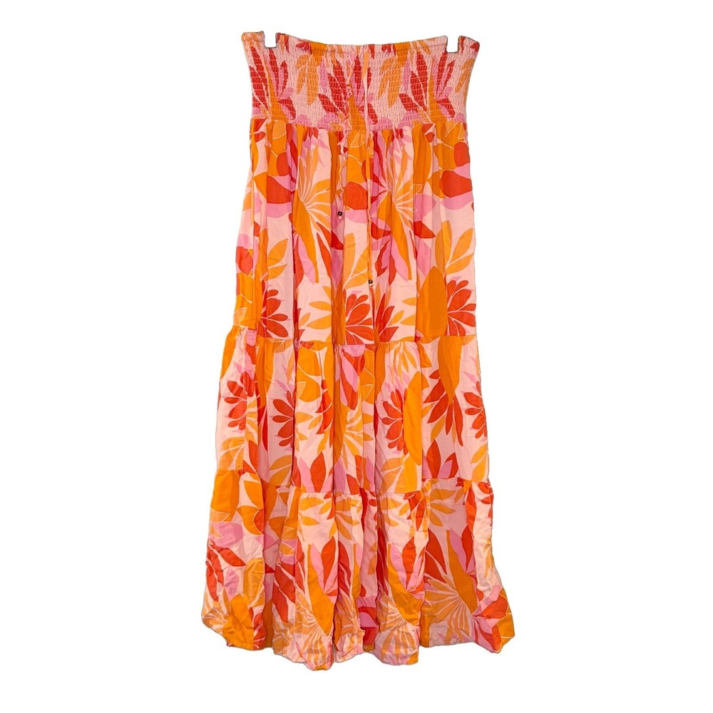 Abel the Label at Anthropologie Strapless Smocked‎ Maxi Dress Tiered Floral Pink